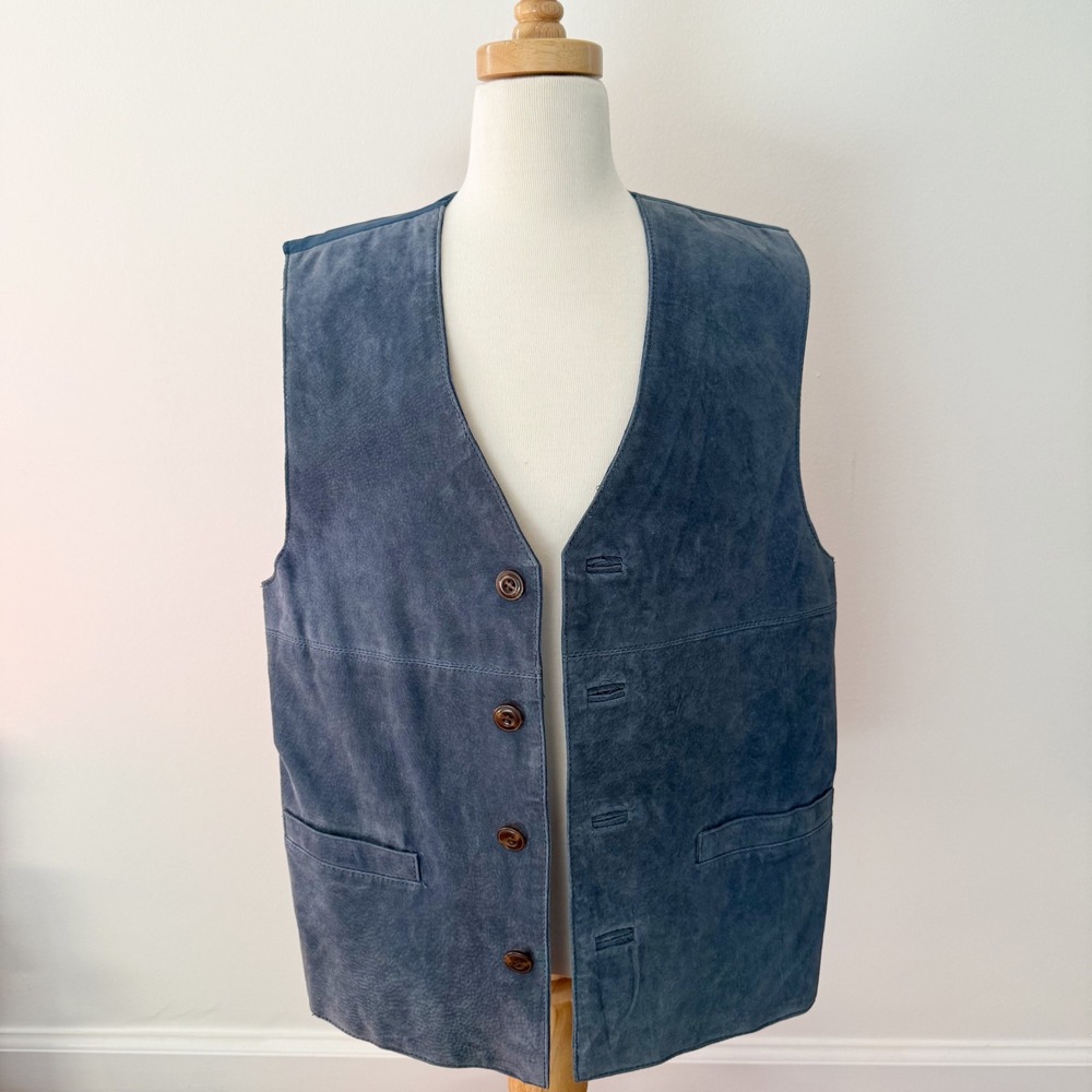 NWT Arizona Vintage Suede Leather Blue Vest Button Front Pockets Small Unisex